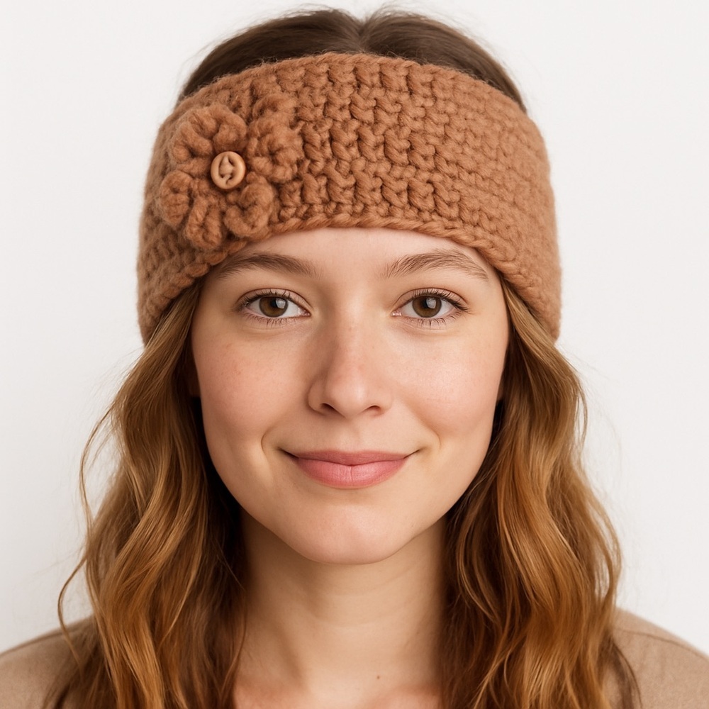 Handmade Crochet Brown Ear Warmer Headband With Flower &Button Detail Winter fal